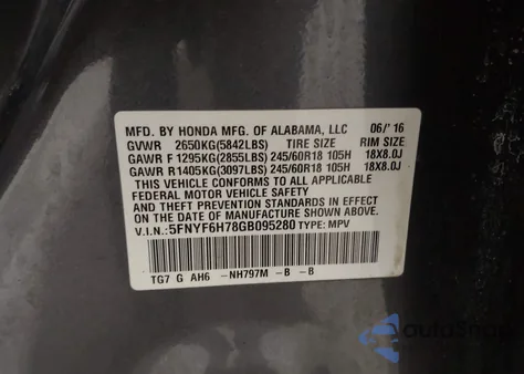 2016 Honda Pilot Ex-L из США, поврежденный, VIN 5FNYF6H78GB095280